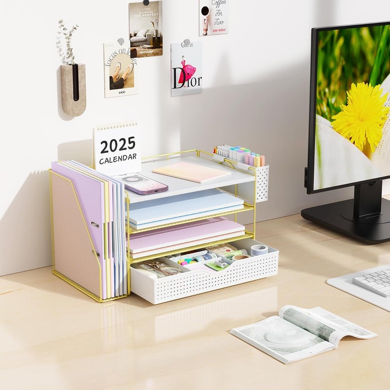 gianotter Wood Desk Organizers and Accessories with File Holder, 4-Tier Desk Accessories & Workspace Organizers with Drawer and Pen Holder, Paper Organizer for Office Supplies (Gold) - Image 4
